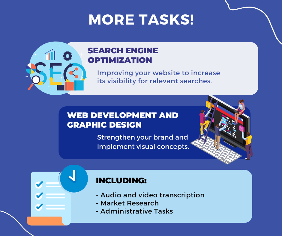 What a Virtual Assistant can do for you: Search Engine Optimization, Web Development & Graphic Design, Audio & Video transcription, Market Research, Administrative tasks